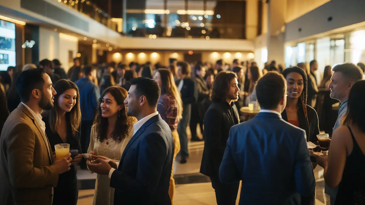 Professionals networking at a lively film industry mixer event.