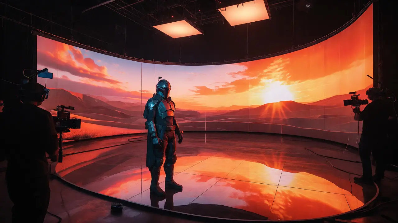 Sci-fi character surrounded by a curved LED volume displaying a desert sunset.