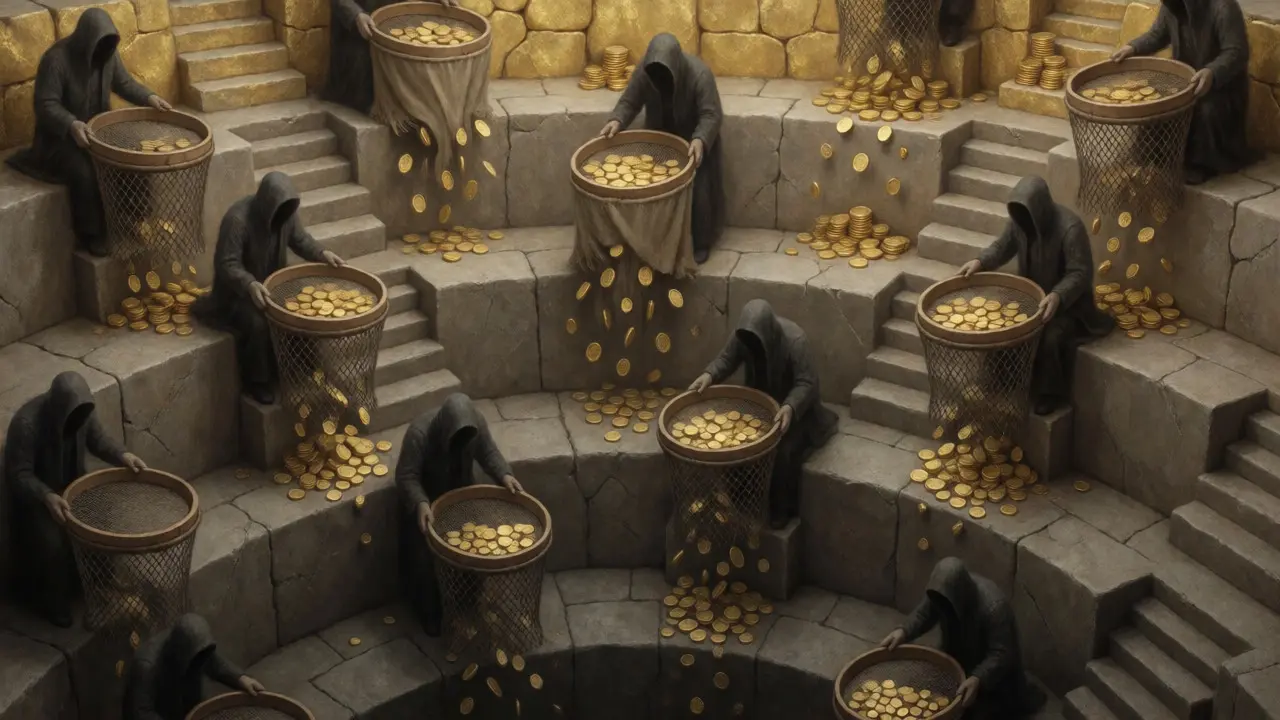 Shadowy figures filtering gold coins through sieves on steps