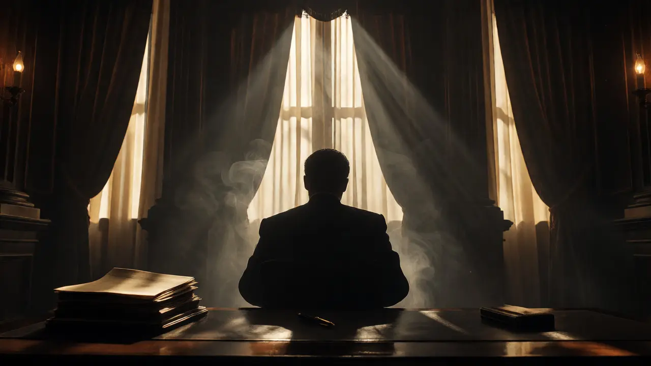 Silhouette in smoky office evoking The Godfather aesthetic