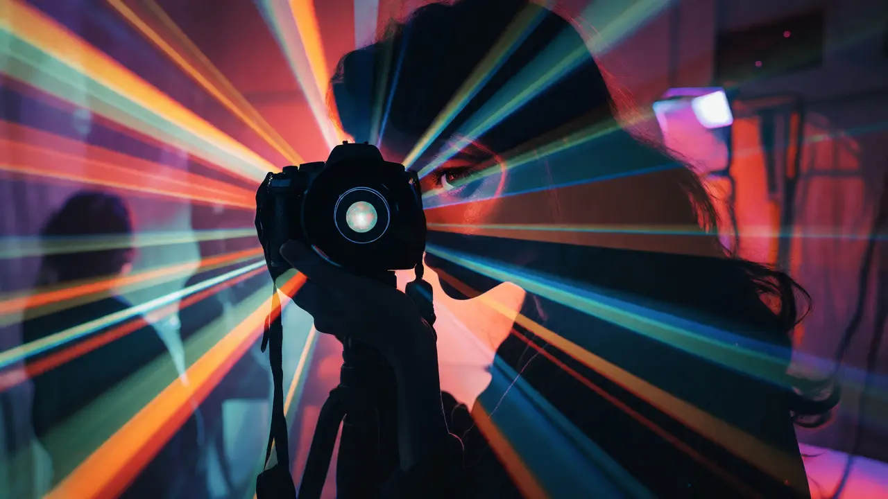 Silhouette of a woman with a camera overlaid with colorful light beams
