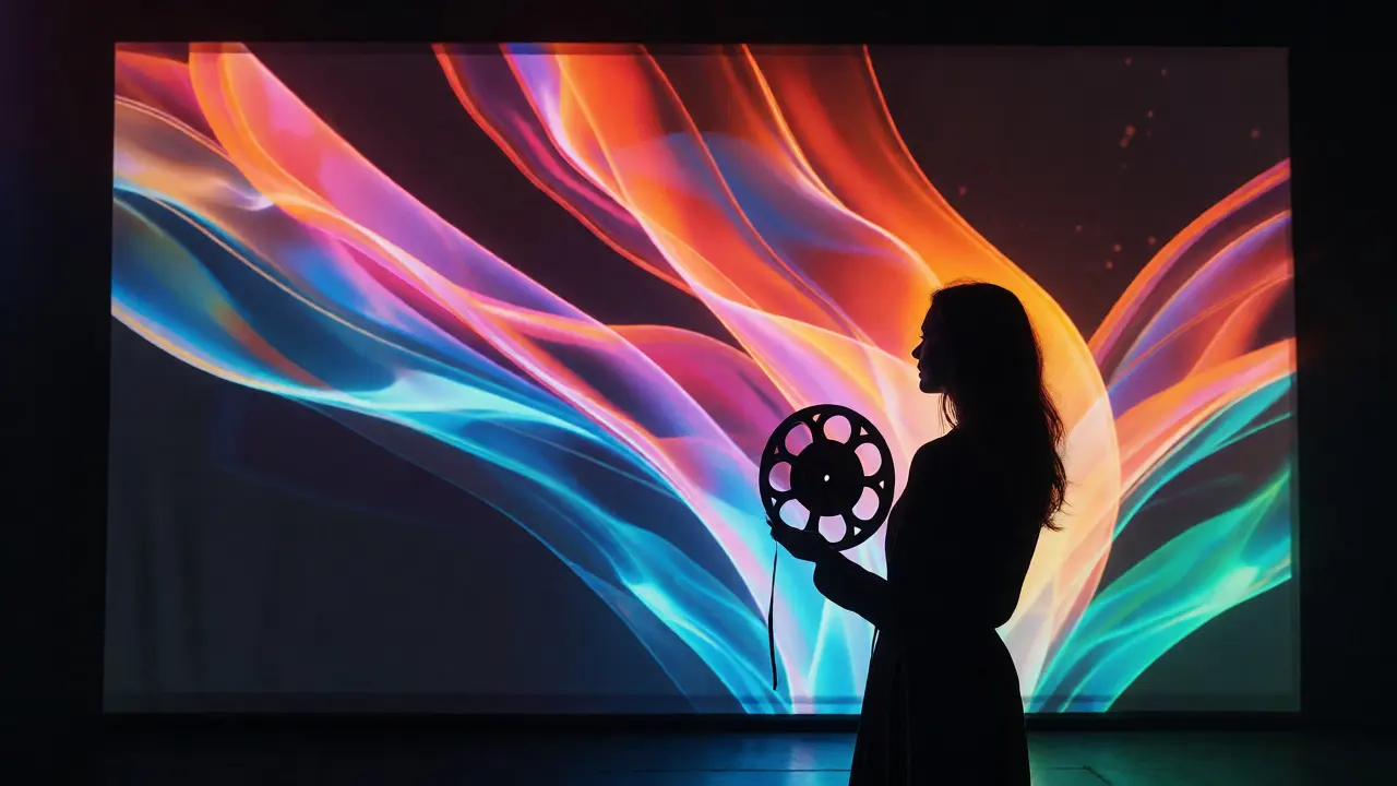 Silhouette of a woman with a film reel against a vibrant light projection