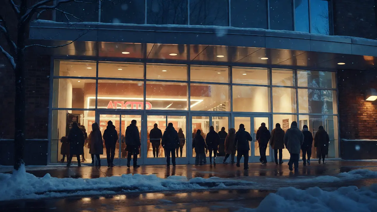 Snow falls outside a brightly lit cinema as families gather to enter during the Thanksgiving weekend.