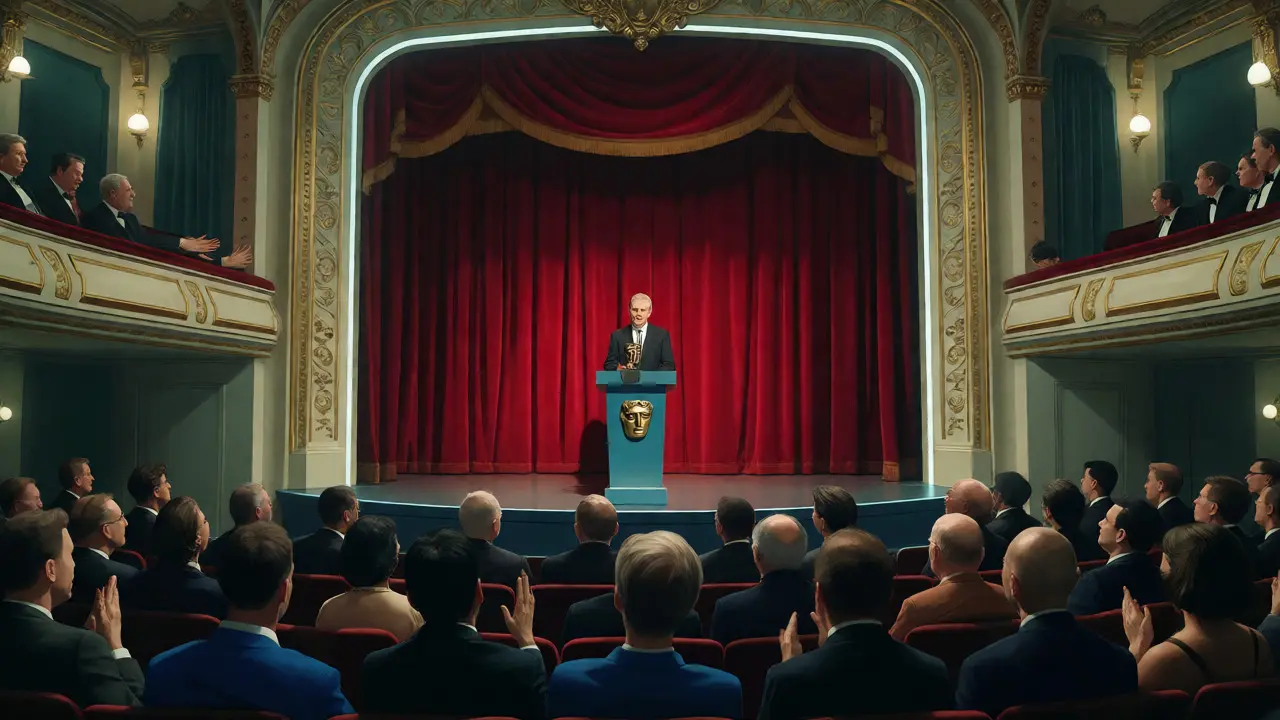 Sophisticated BAFTA ceremony scene with a recipient holding a mask trophy in a classic theater.