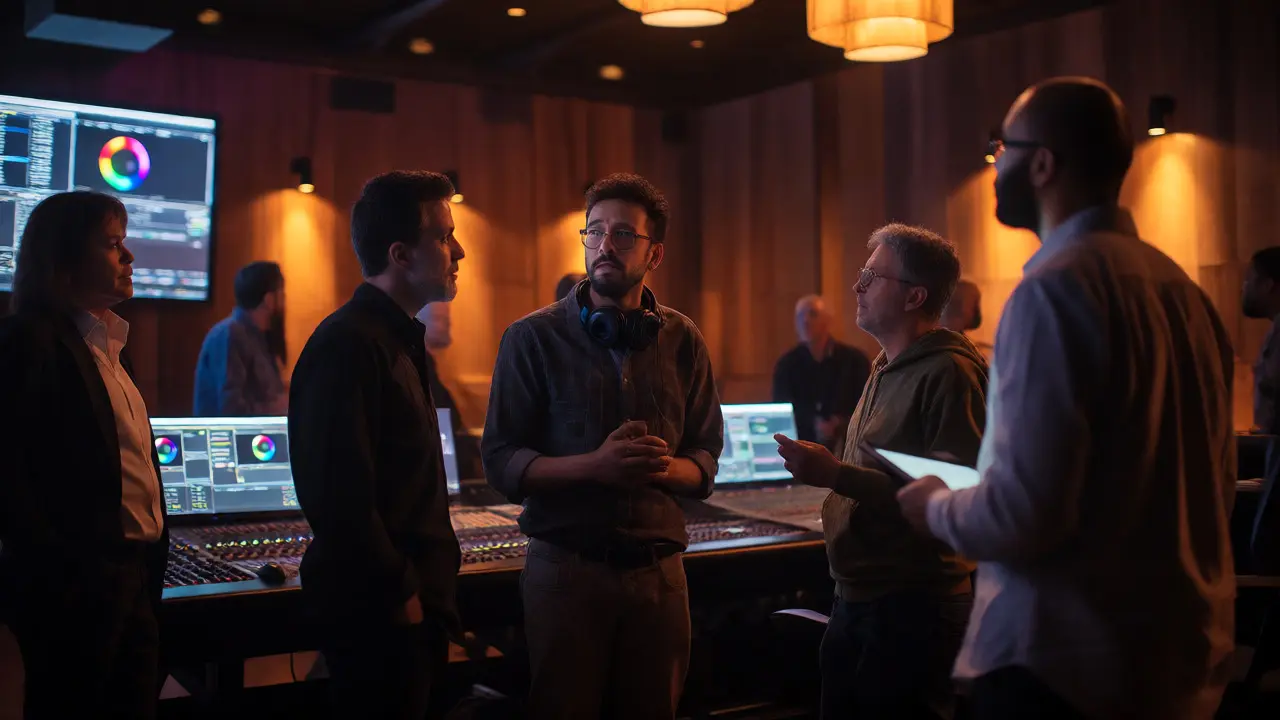 Sound designers and VFX artists discussing work in a studio