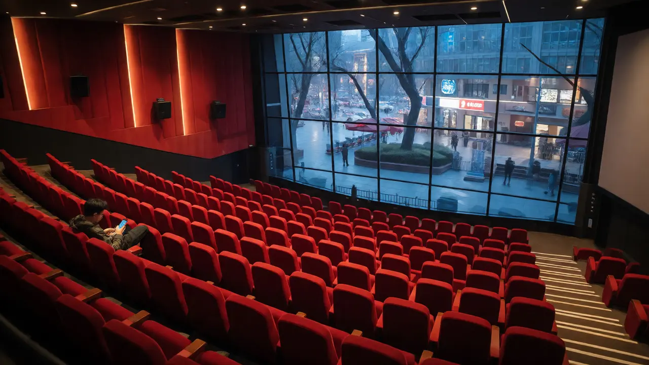Sparse audience in an empty luxury cinema overlooking a busy city street.