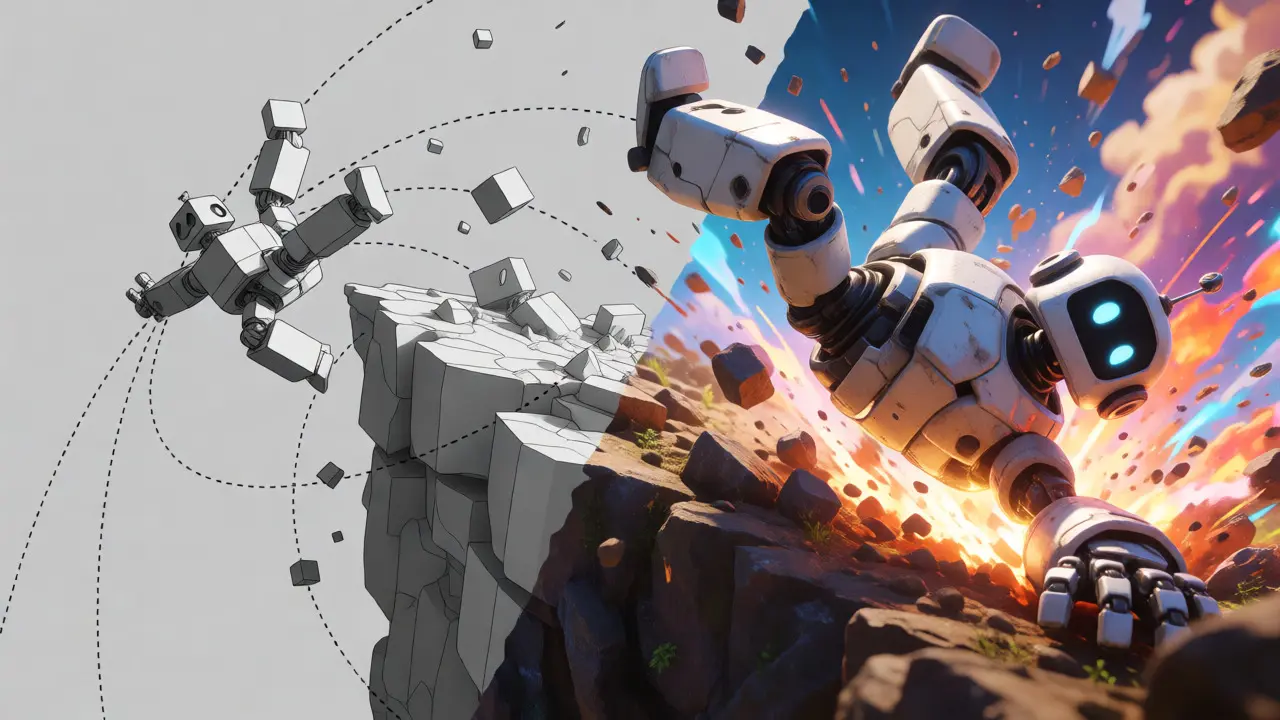 Split image comparing wireframe layout to final animated render