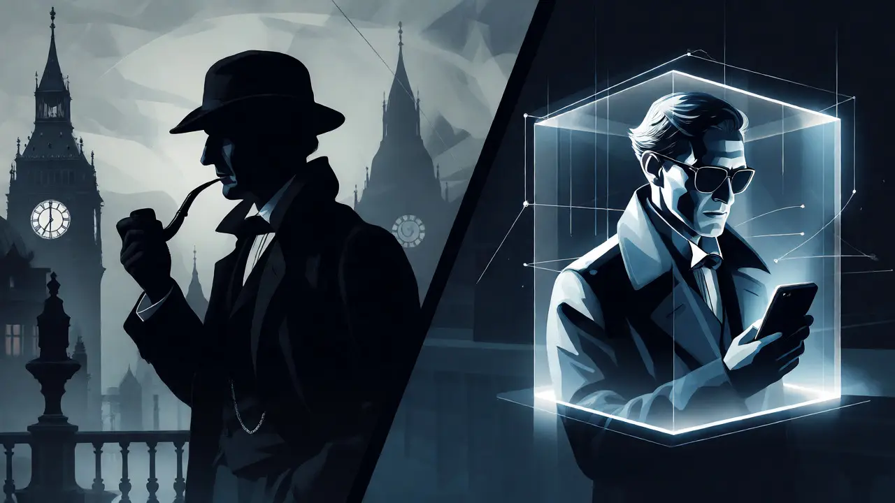 Split image contrasting Victorian Sherlock Holmes with modern copyrighted interpretation