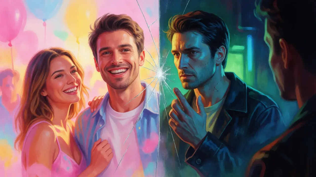 Split image of actor in rom-com and noir settings