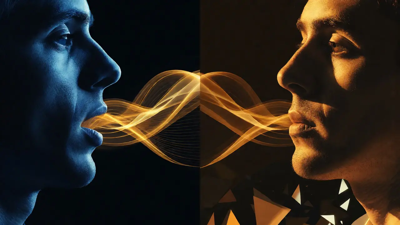 Split image showing actor with audio waves versus actor with subtitle fragments.