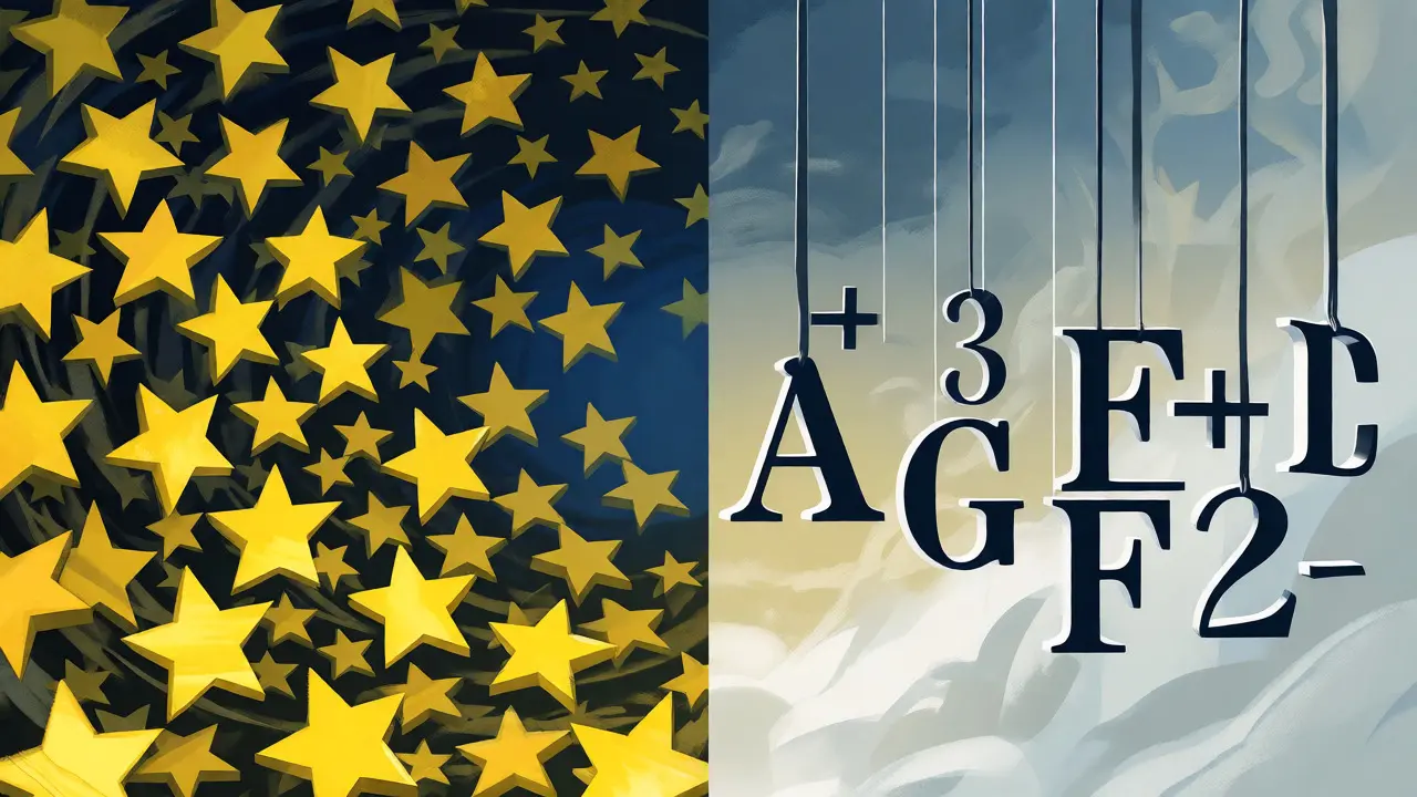Split image showing chaotic stars versus orderly letter grades
