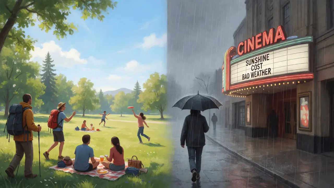 Split image showing people enjoying sunny parks versus going to the movies in rain