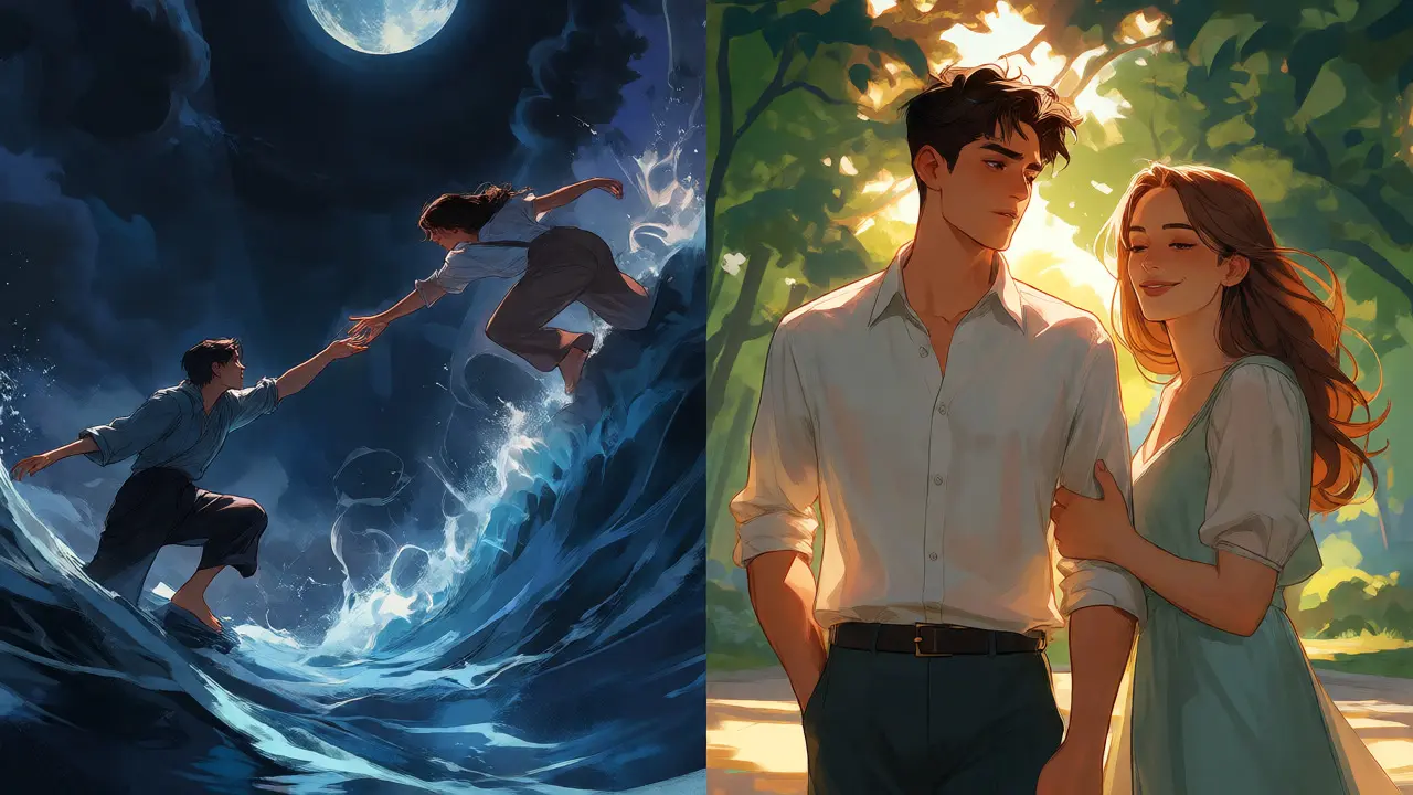 Split image showing tragic vs joyful romantic scenes