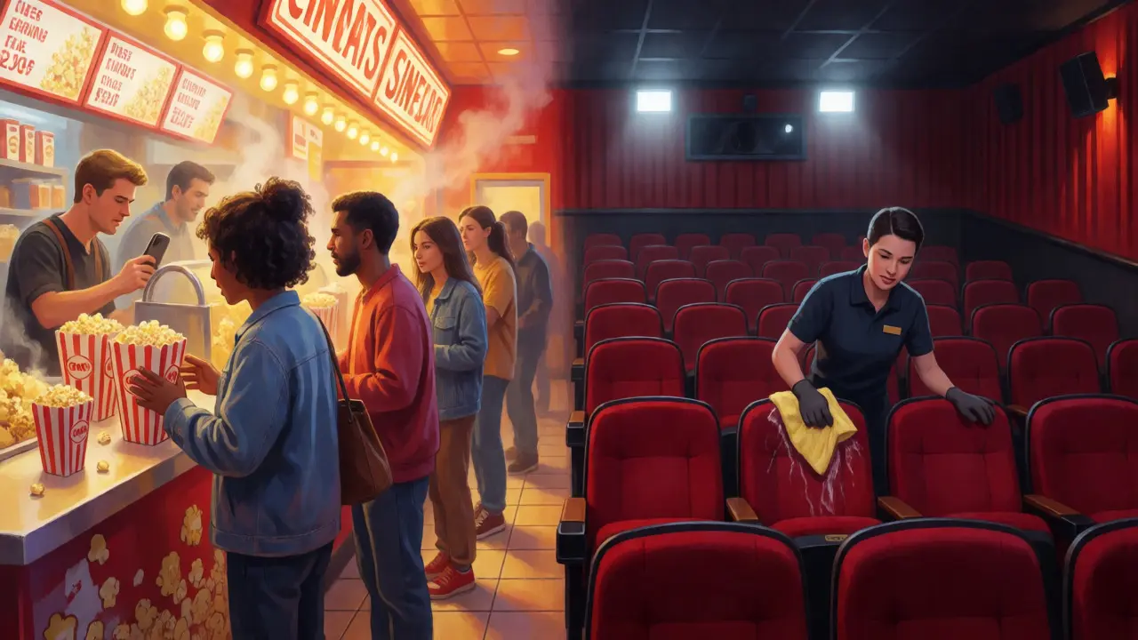 Split scene showing a busy concession stand versus a clean, empty theater auditorium.