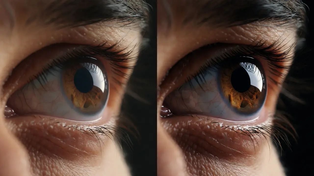 Split-screen comparison of an actor's eye showing standard vs. Dolby HDR contrast.