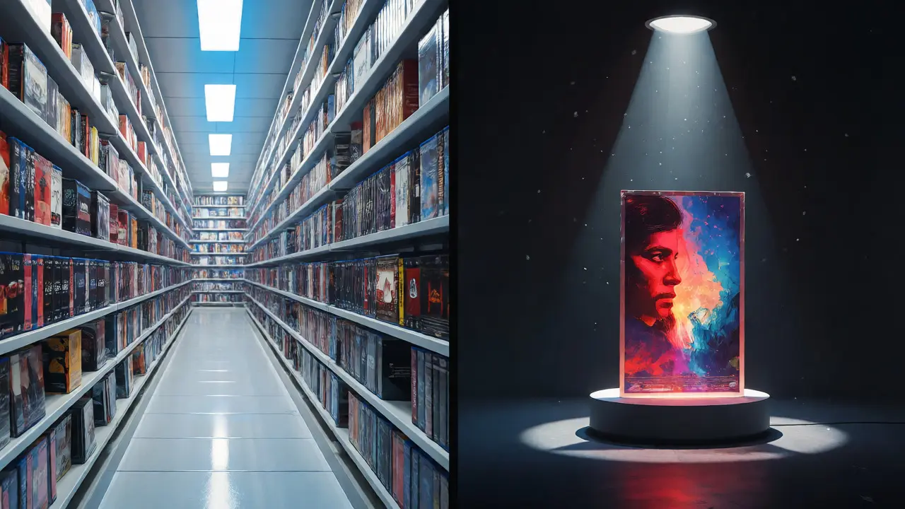 Split view comparing a vast film archive shelf with a single spotlit movie poster.