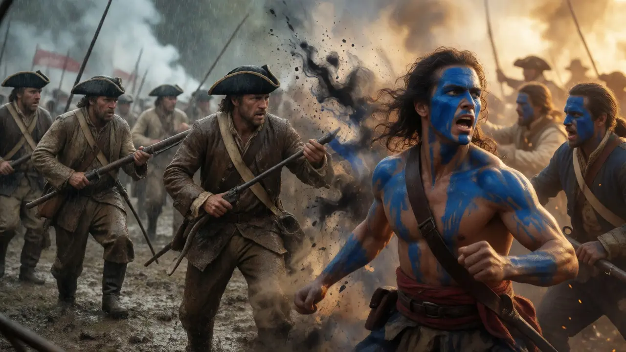 Split view comparing realistic historical battle with dramatic movie scene