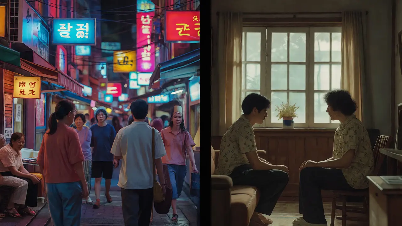 Split view contrasting vibrant urban Asian life with intimate European domestic scenes.