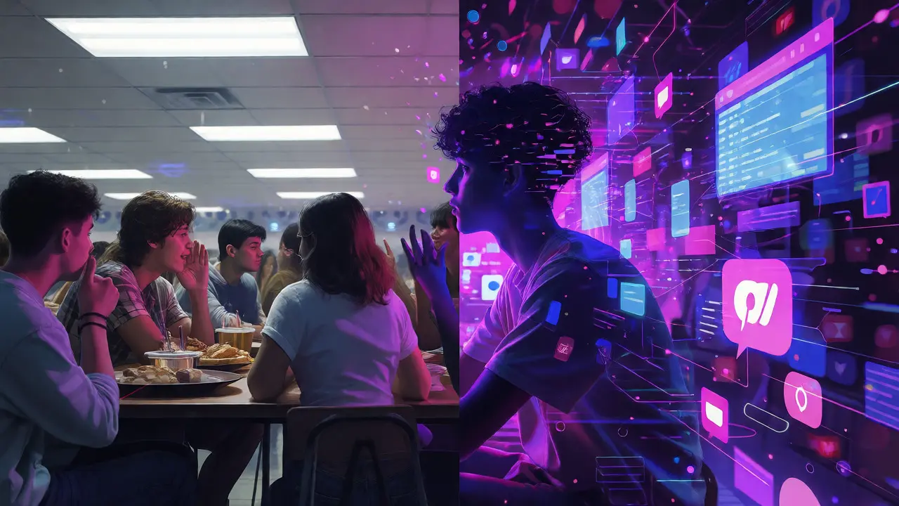 Split view of chaotic cafeteria and digital social media overlay