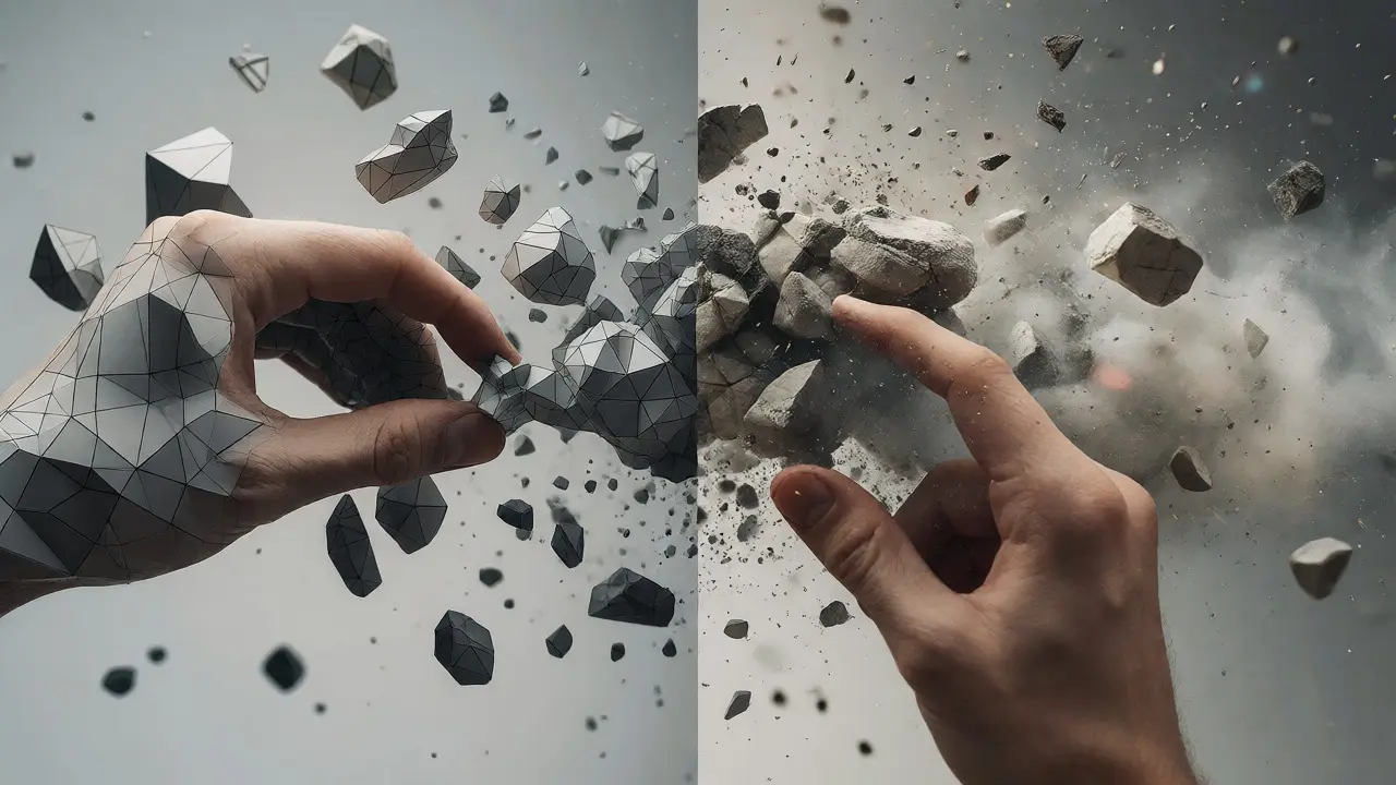 Split view showing 3D mesh transitioning to realistic debris simulation.