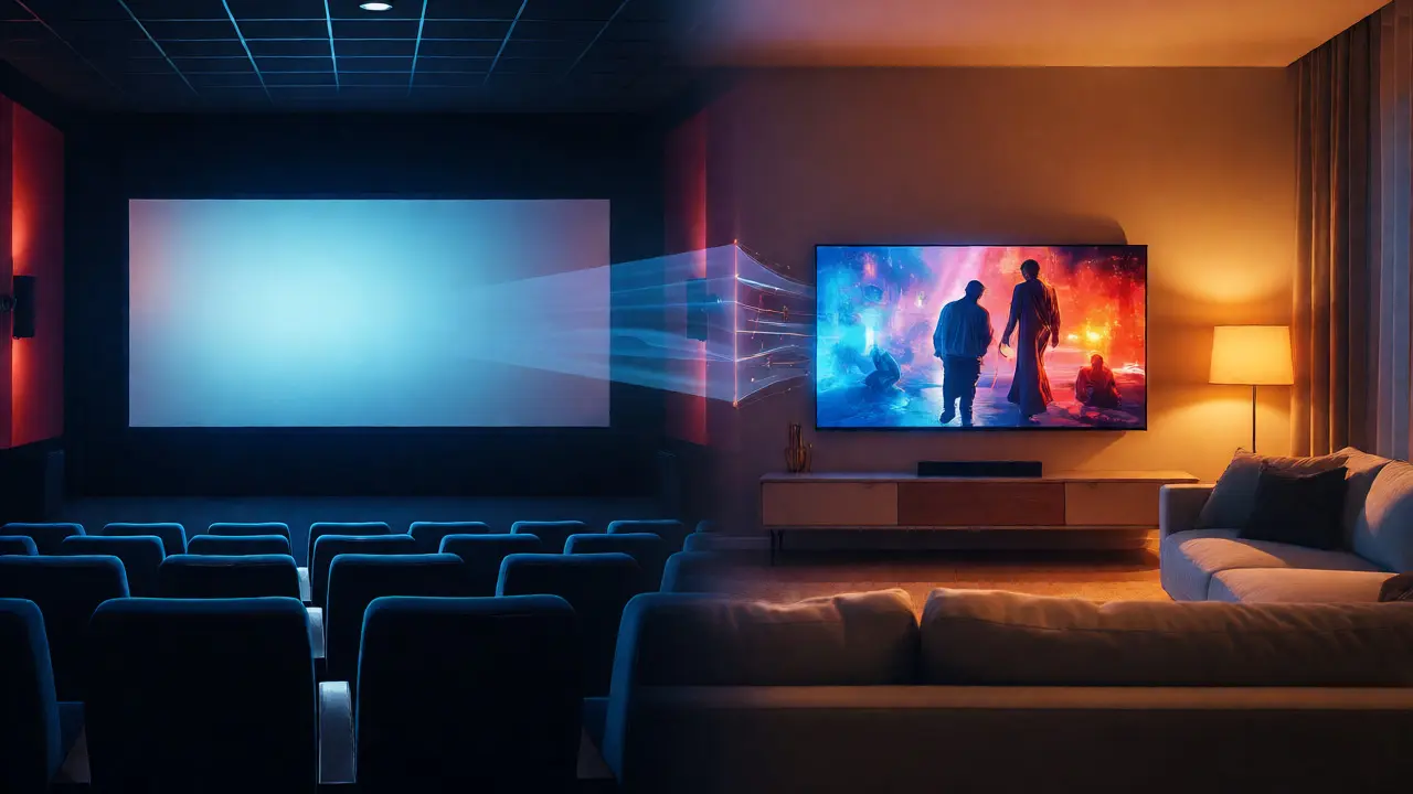 Split view showing a movie theater screen and a home living room TV connected by light.