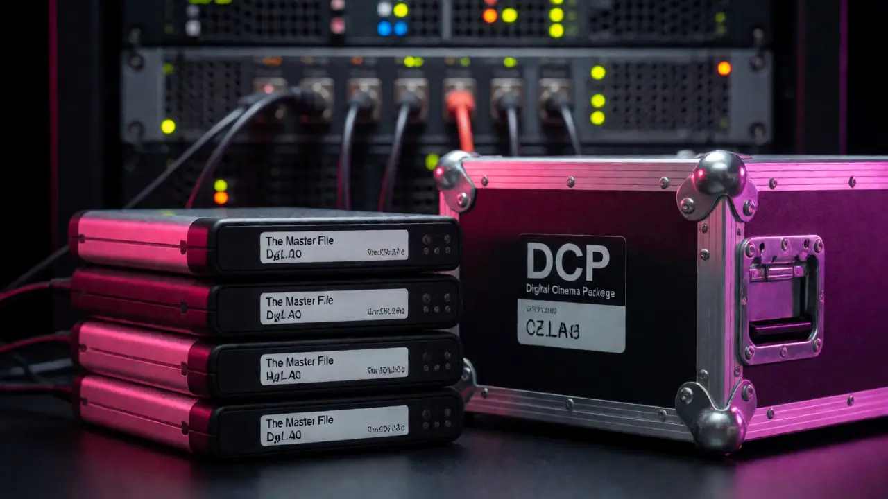 Stack of hard drives and DCP cases near server racks