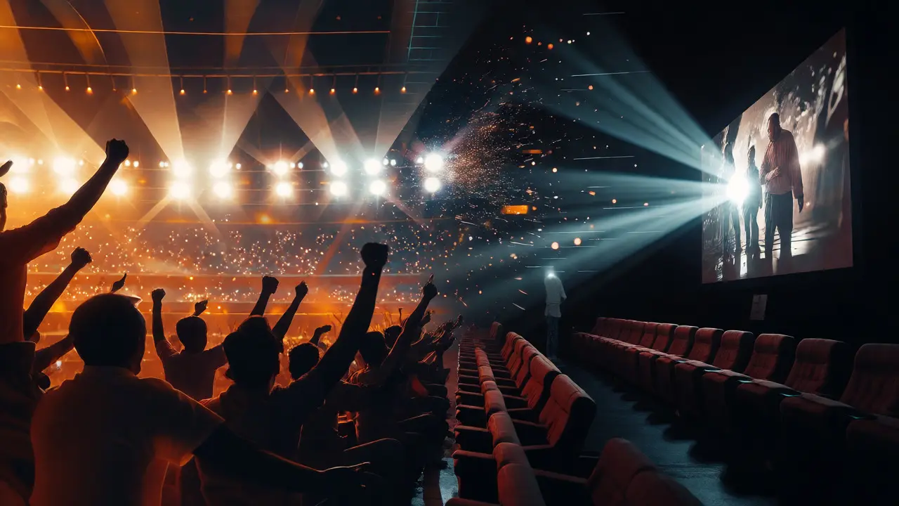 Stadium crowd blending into a movie theater aisle with connecting light particles.