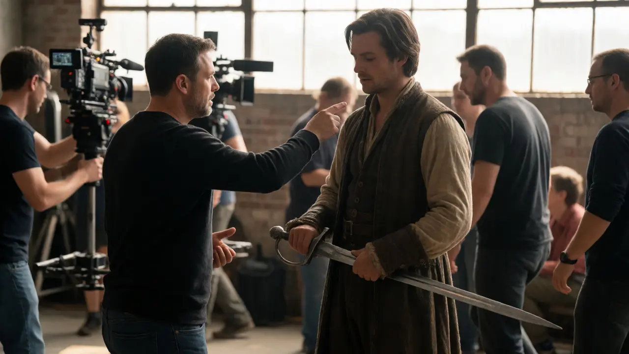 Stunt coordinator guiding an actor with a prop sword on a film set.