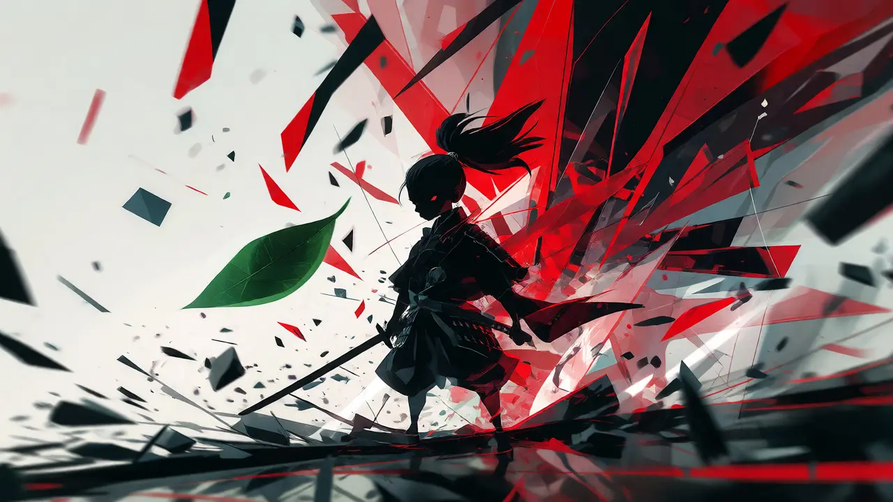 Stylized samurai standing before an angular, frozen explosion with a falling leaf.