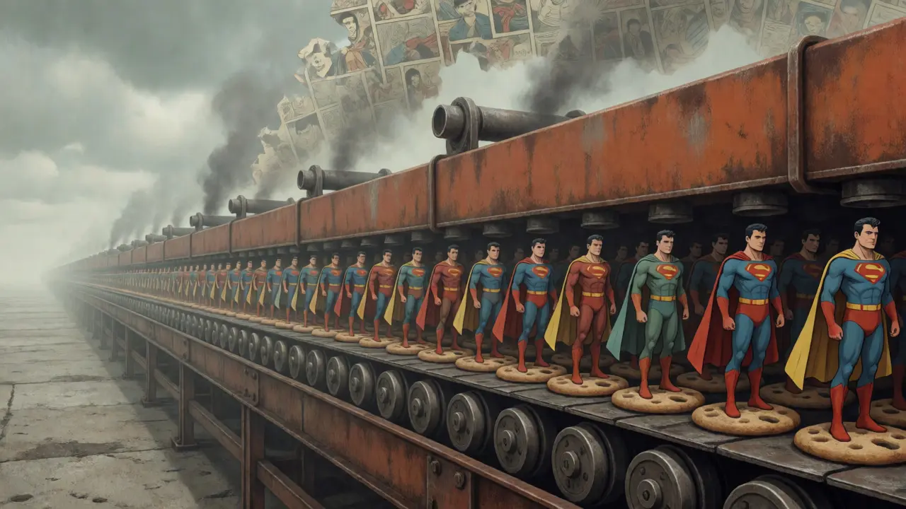 Superheroes being mass-produced on an endless industrial conveyor belt