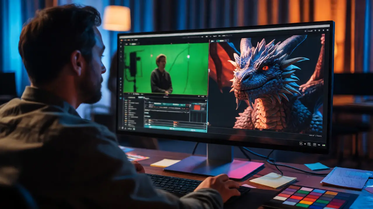 Supervisor comparing raw green screen footage with a finished CGI composite on a monitor.