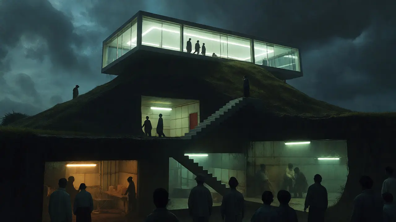 Surreal architectural metaphor showing class divide between a lit house and dark basements.