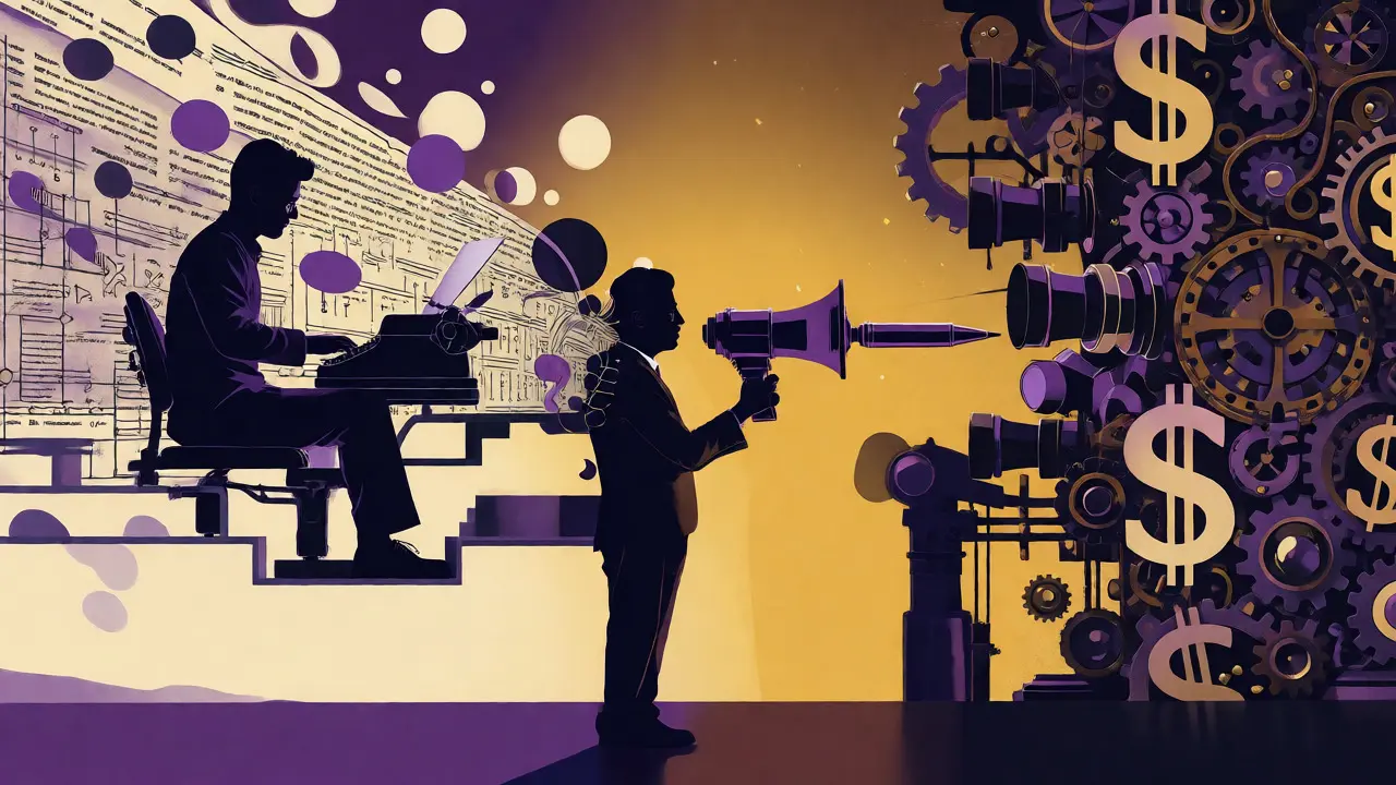 Surreal artwork merging writing tools with film production machinery