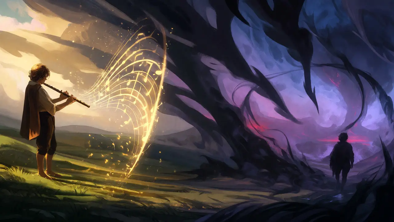 Surreal artwork showing a melody transforming from golden light to dark smoke across a landscape.