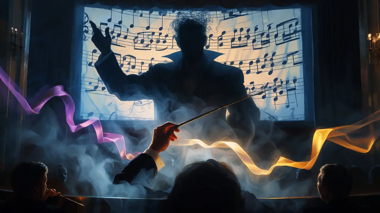Surreal conductor leading musical notes that form a villain's shadow on a cinema screen.