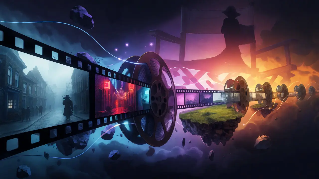 Surreal film reel fragments forming floating genre-themed islands