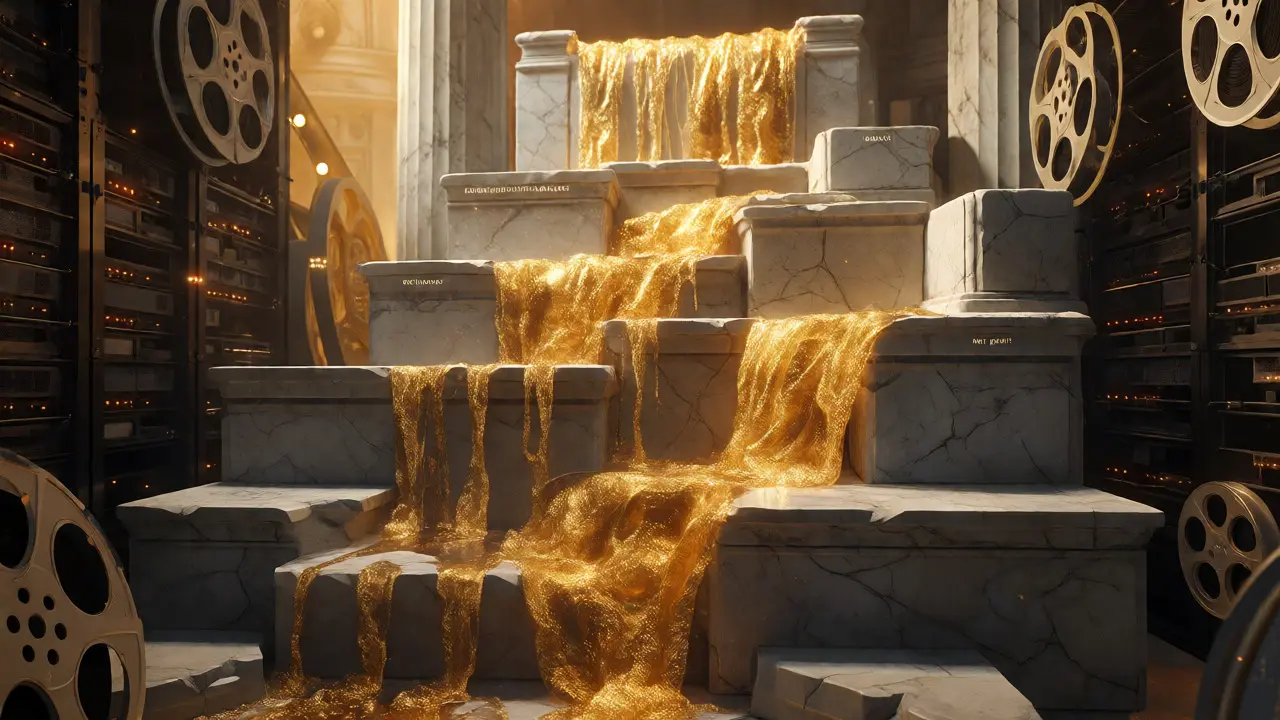 Surreal golden waterfall illustrating the hierarchy of film profit distribution