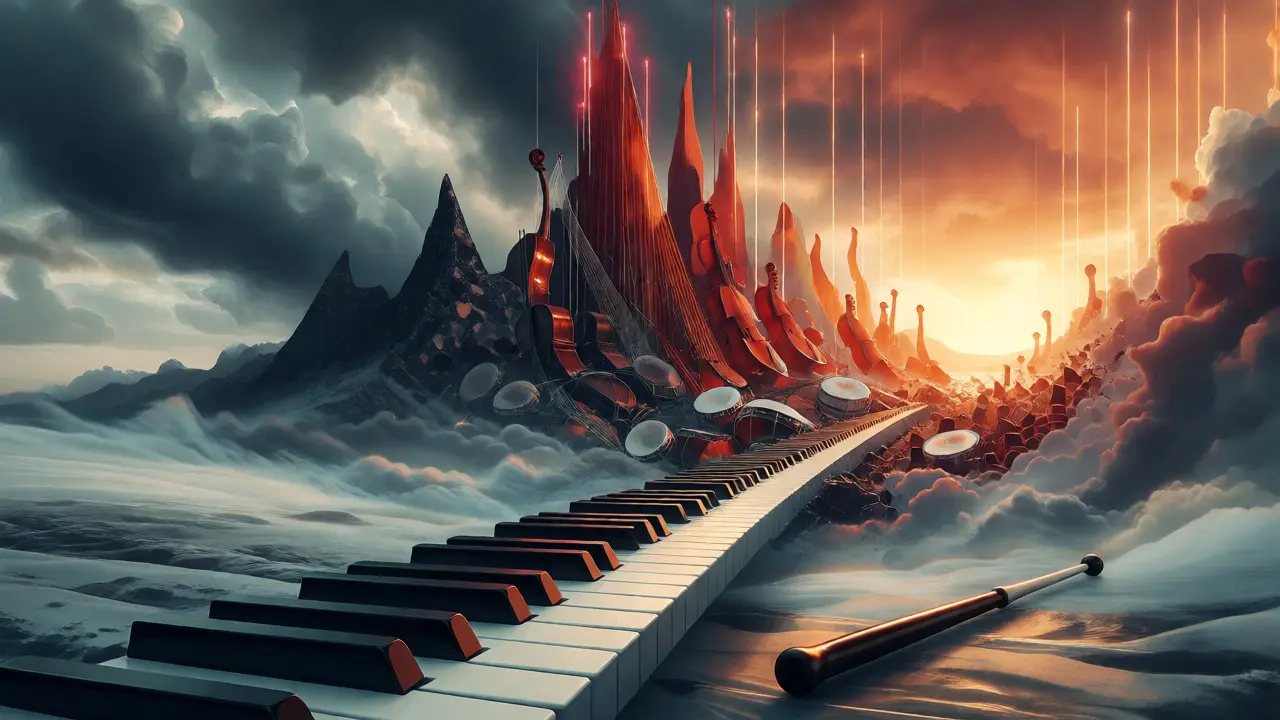 Surreal landscape representing the three-act emotional arc of a soundtrack
