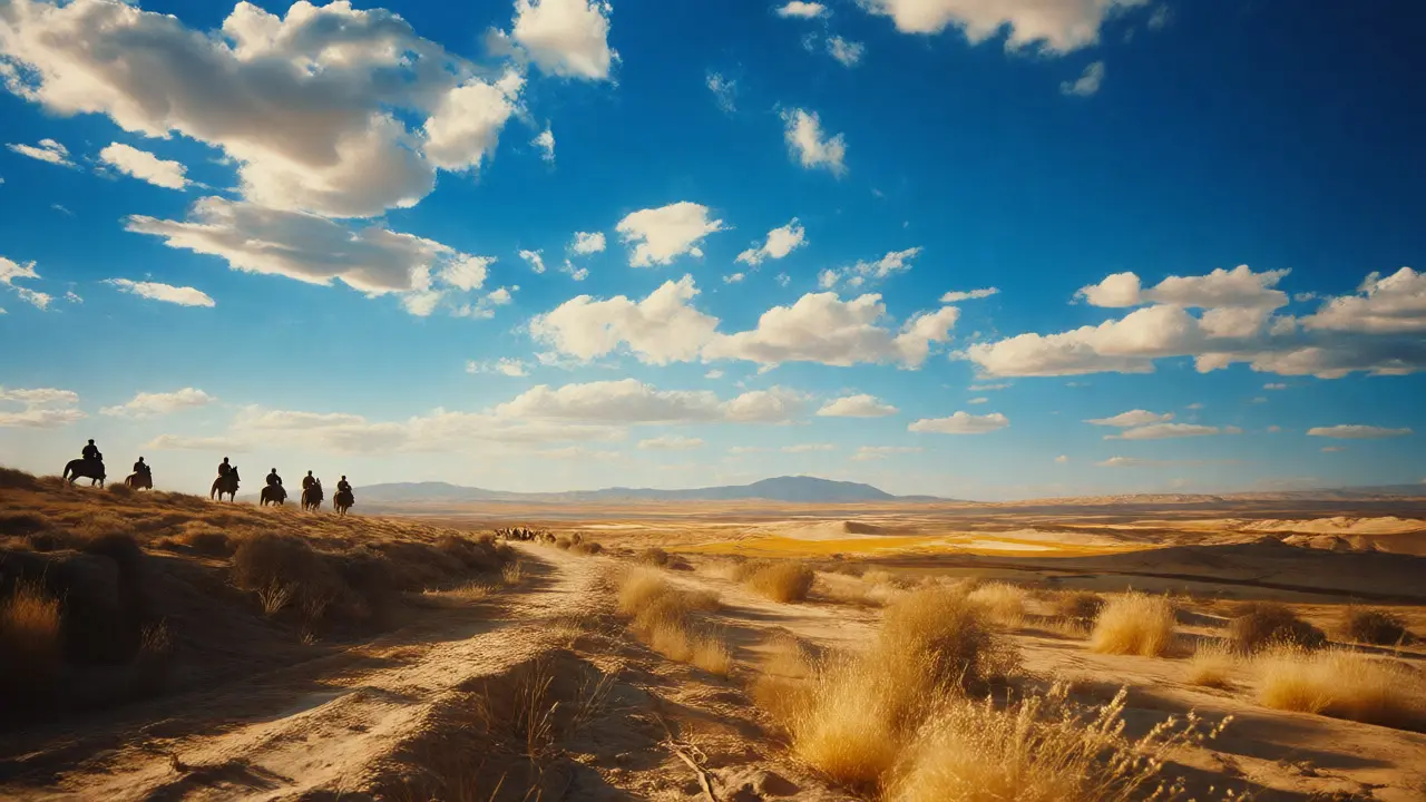 Sweeping Technicolor epic landscape with distant riders