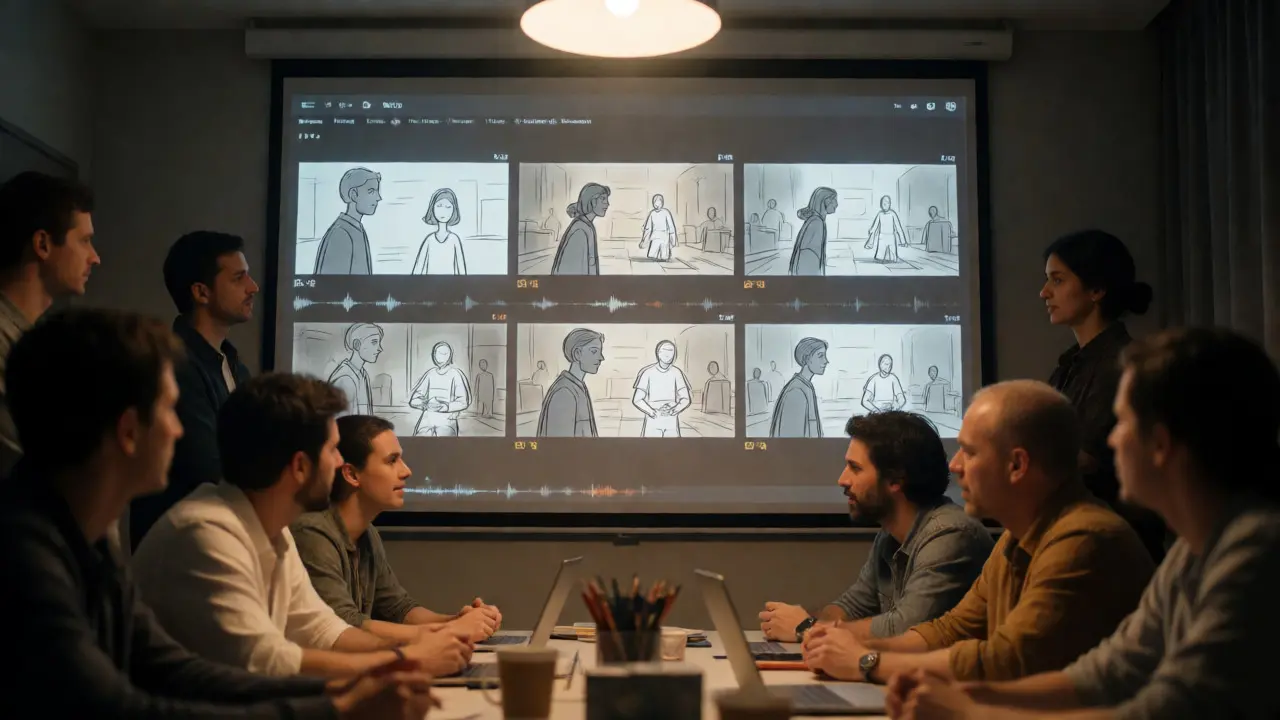 Team reviewing rough animatic storyboards on a projection screen