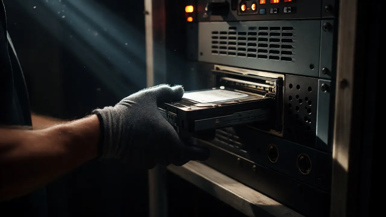 Technician inserting hard drive into theater server