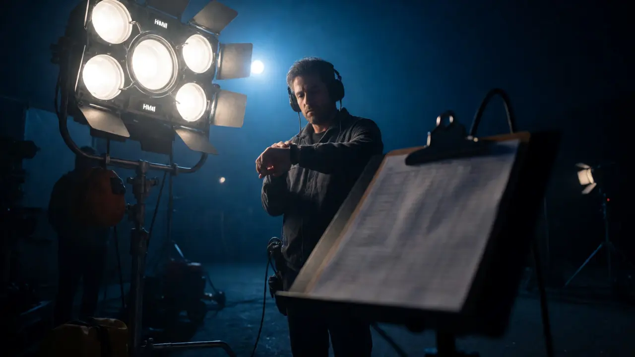 Tired crew member checking watch near lights on a night film set, focusing on timecards.
