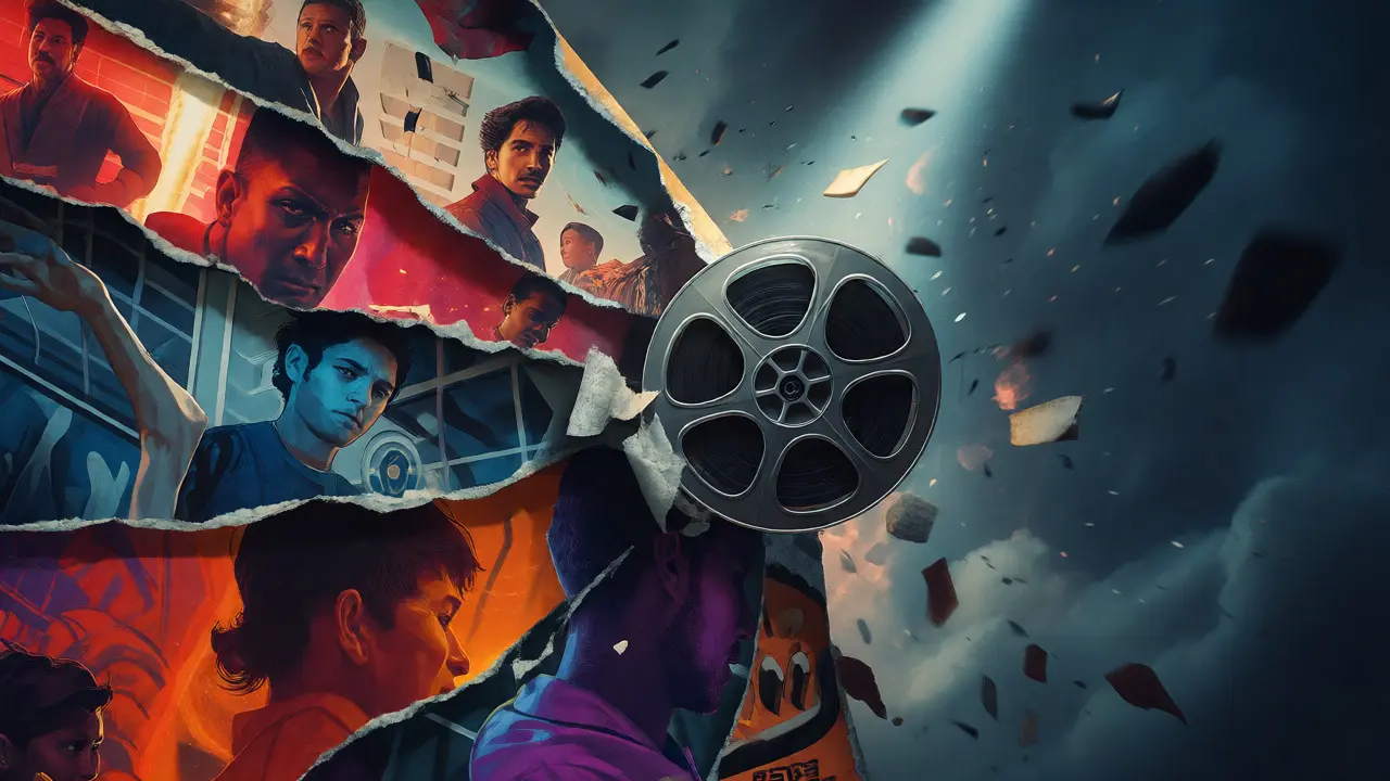 Torn movie posters revealing authentic stories beneath formulas