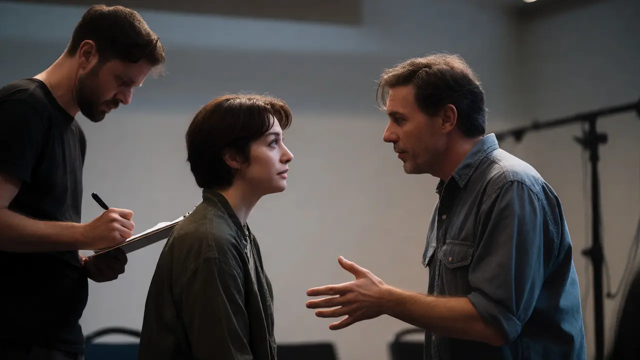 Two actors performing a chemistry read while a casting director observes.