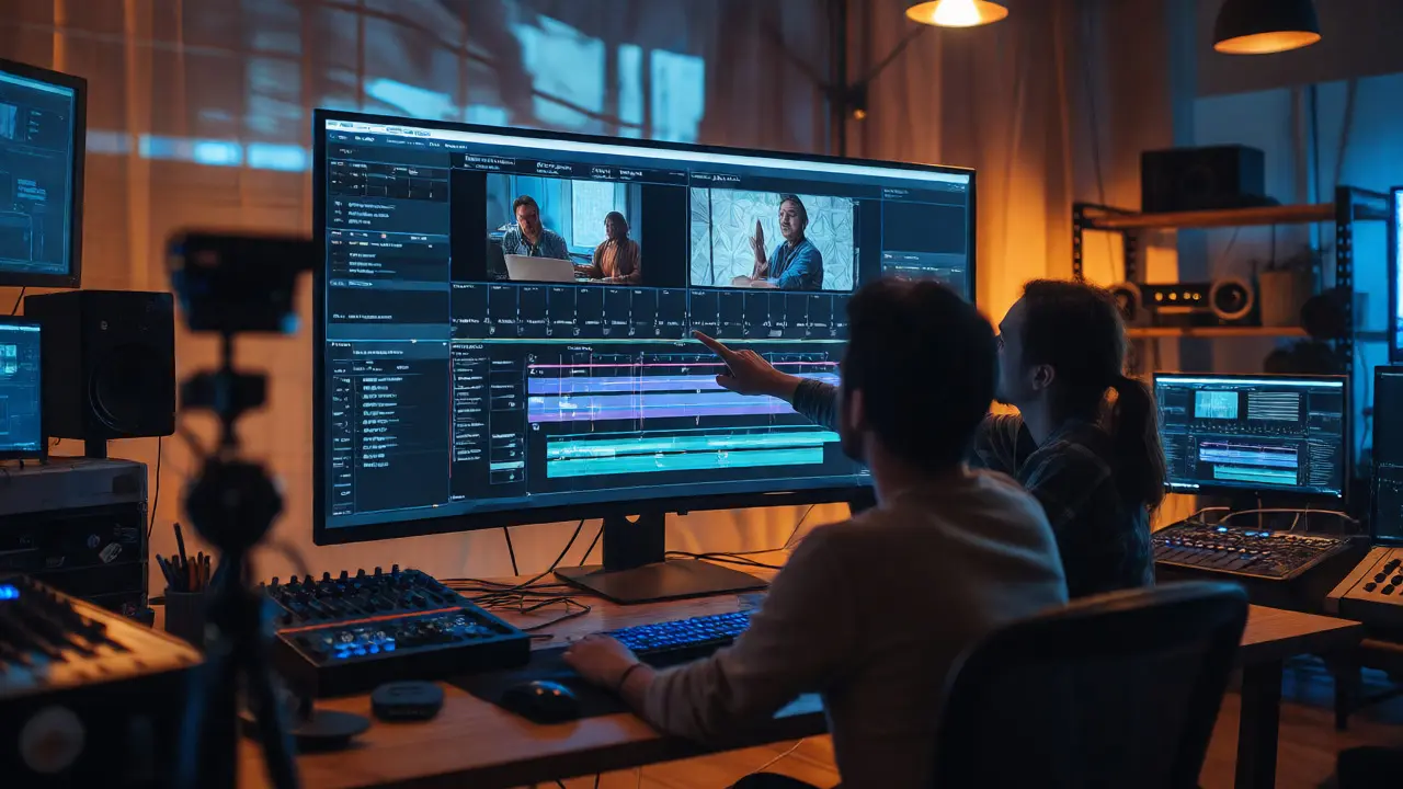 Two editors working in a darkened studio with glowing monitors