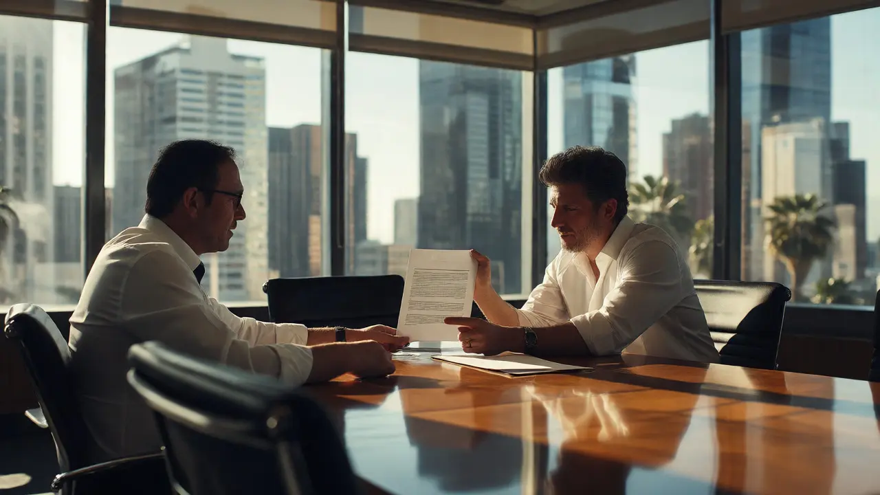 Two executives negotiating a film deal in a sunlit conference room