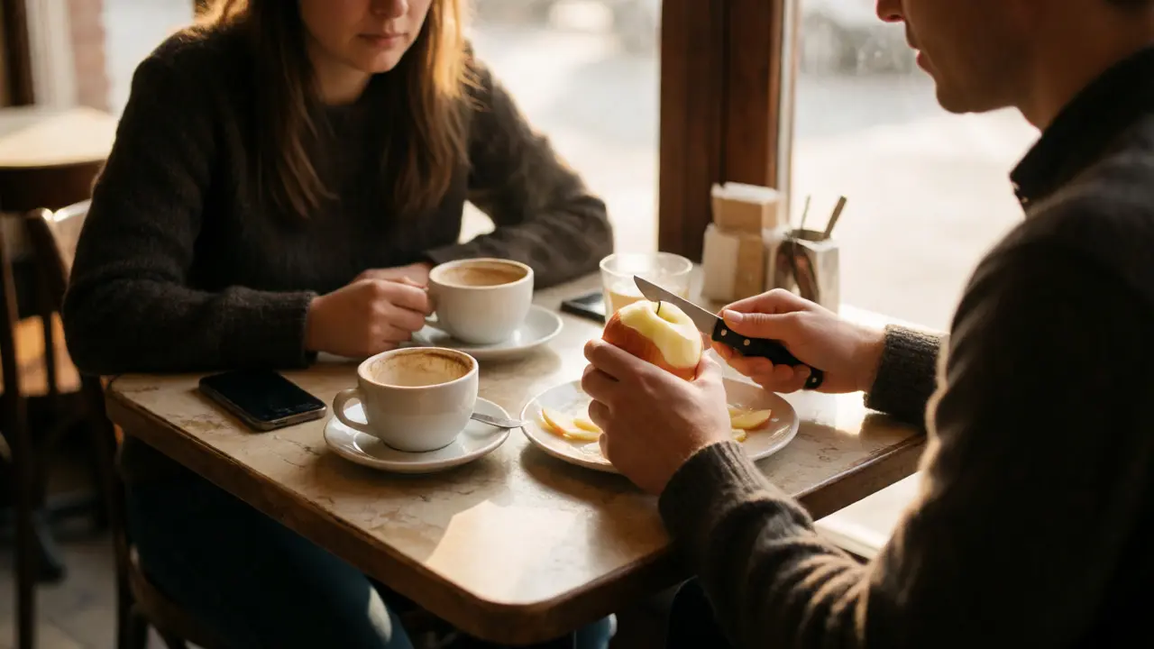 Two people at a cafe table where one aggressively peels an apple while the other avoids eye contact.