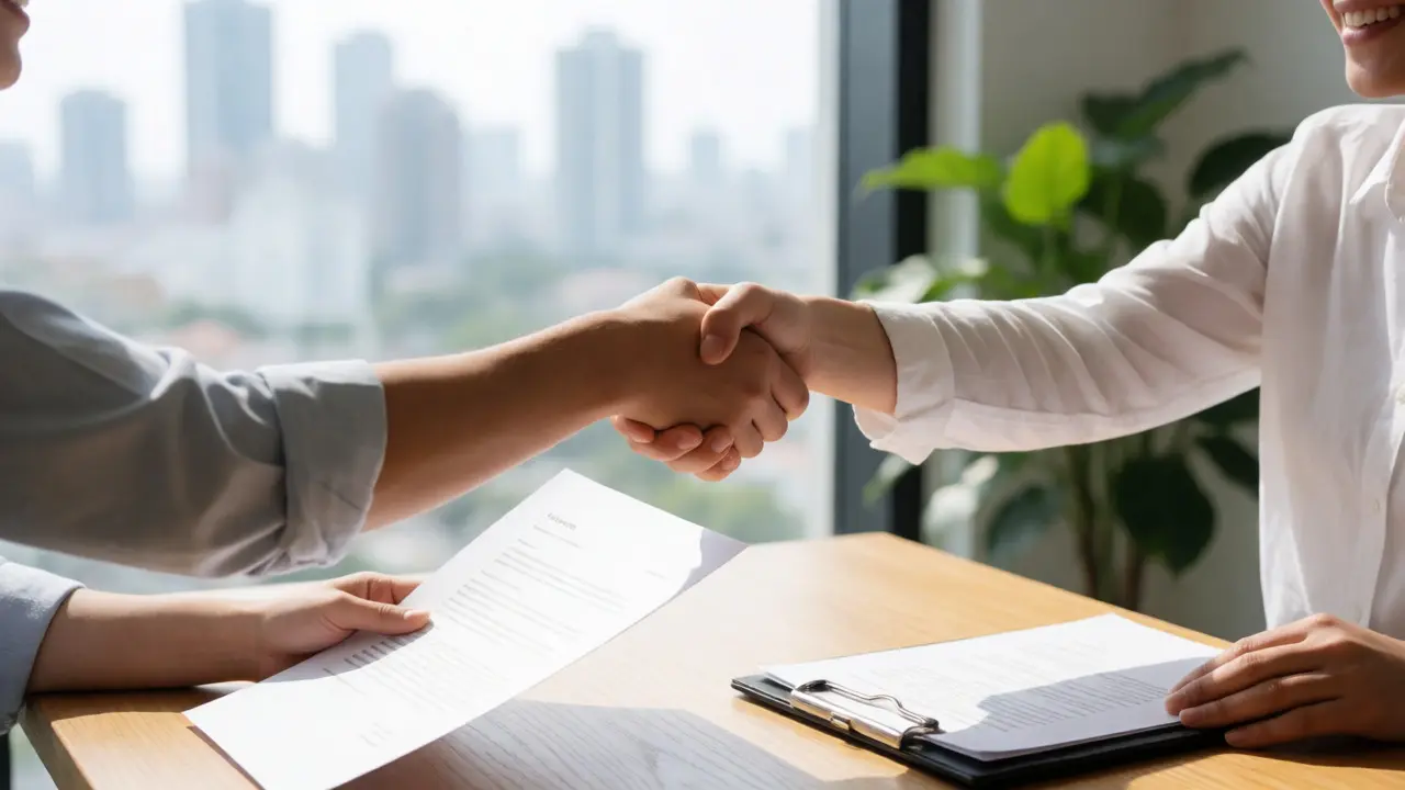 Two people shaking hands over a signed agreement in a bright, modern office.