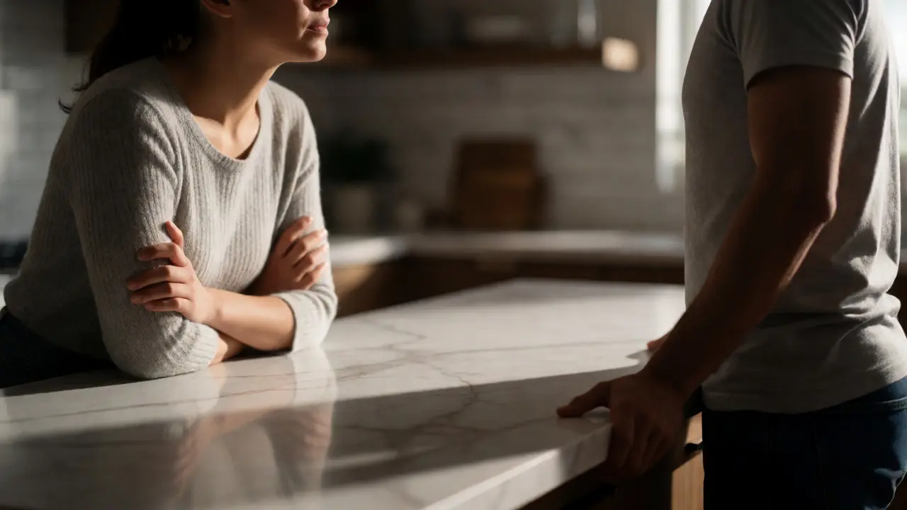 Two spouses arguing in a kitchen, separated by an island that symbolizes emotional barriers.