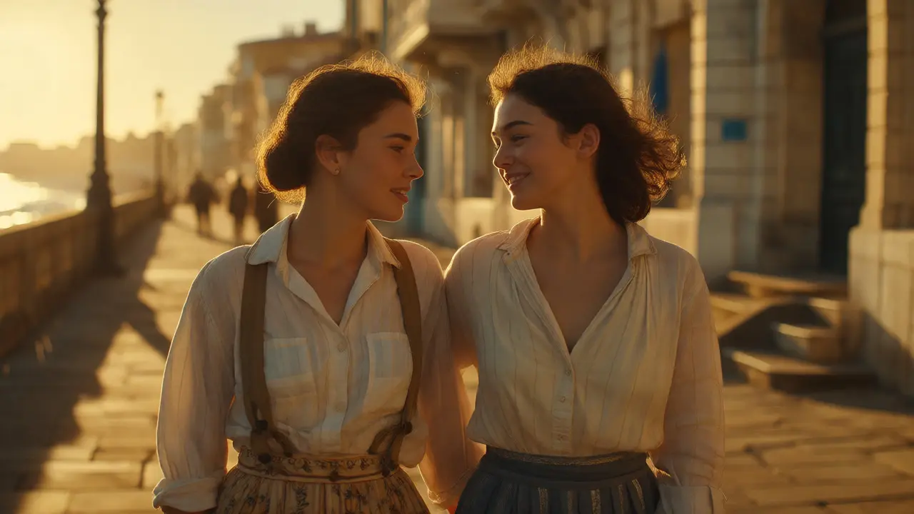Two young women walking together in warm sunlight, depicting tender connection and normalization in queer films.